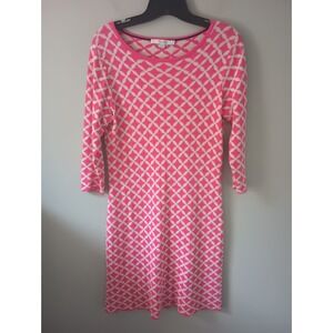 Boden‎ Women's Size 8 Dress Pink White 3/4 Sleeve Knit Cotton Geometric Stretch